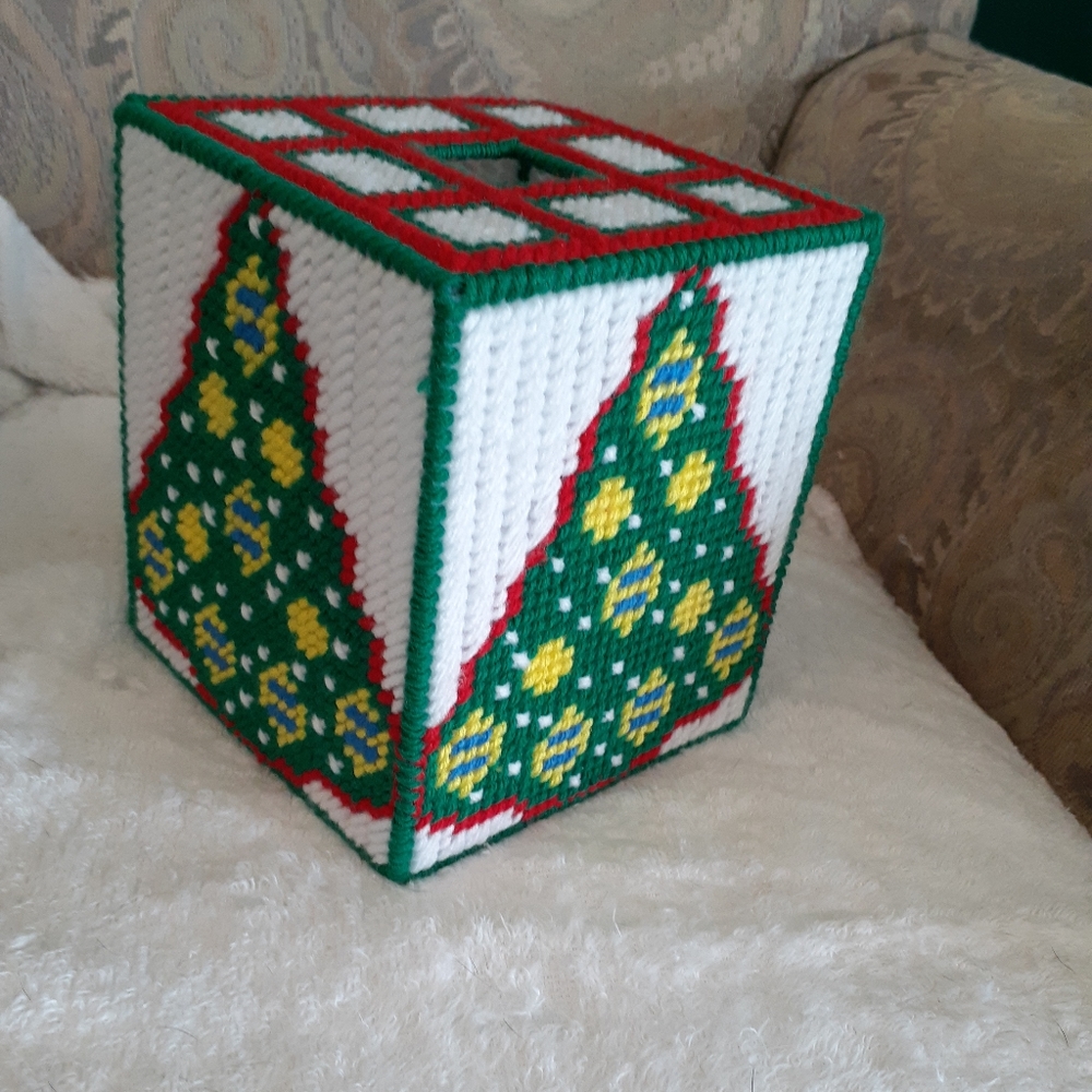 Handmade Holiday Tissue Box Cover with Green Christmas Tree Design